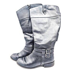 Women’s Black Knee-High Riding Boots Size 7W Wide Calf Buckle Straps